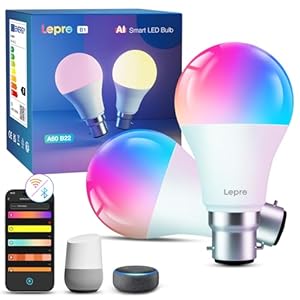 Lepro B1 AI Smart Bulb Bayonet, Music Sync B22 WiFi Bulbs, Voice Control, AI Lighting Design Assistant, Dimmable, Bluetooth Colour Changing Light Bulb, Work with Alexa & Google Assistant, 2 Packs