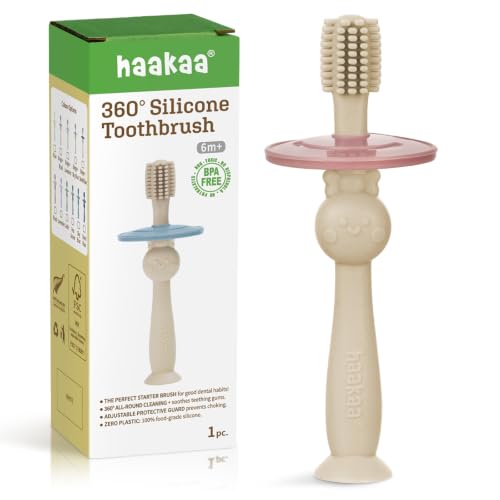 Image of haakaa 360 Baby Toothbrush with Suction Base - Beige + Blush
