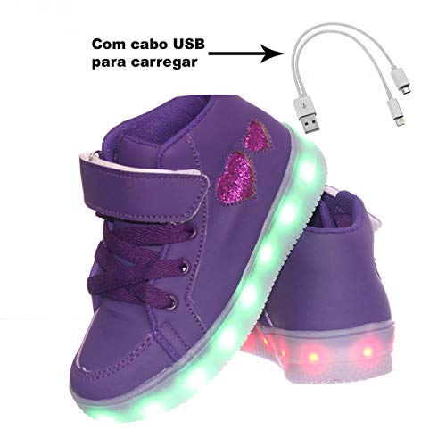 Tenis de Led infantil feminino recarregavel coração lilas