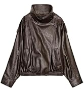 Bnigung Women's Oversized Faux Leather Jacket Trendy Zip Up Bomber Coats | Stand Collar, Long Sle...