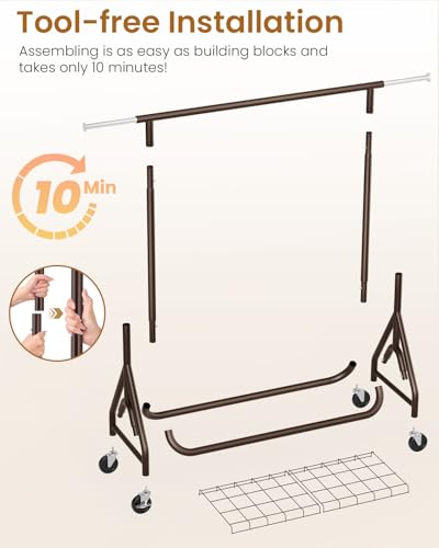 Image of Heavy Duty Clothing Rack, Metal Clothes Rack Load 450 LBS, Rolling Coat Racks for Hanging Clothes with Lockable Wheels, Wardrobe Closet Garment Racks for Bedroom, Brown