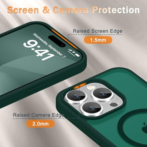 Image of YENAPOON for iPhone 15 Pro Max Case, Matte Magnetic Phone Cover [with 1 Screen Protector] [Support for MagSafe] [Shockproof Military Grade Protection] Translucent Frosted Back, Dark Green