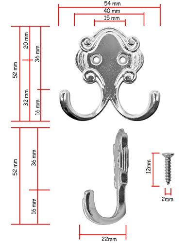 Fuxxer Antike Doppel-Haken 5er Set, Garderoben-Haken, 54 x 52 mm, Chrome Design, Silber