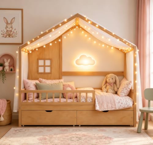 Image of Bellemave Full House BedFrame with Canopy and Storage Drawers, Montessori Bed, House Bed with Rails for Kids, Natural