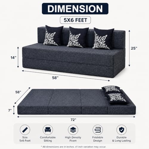 Image of Three Seater Sofa Cum Bed 5x6 Ft with Soft Foam Cushioning, Comfortable Foldable Sofa Bed for Living Room, Bedroom, Guest Room & Office(Dark Grey)