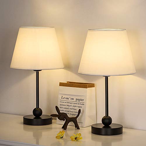 Bedside Table Lamp, Simple Nightstand Desk Lamp with White Fabric Shade and Black