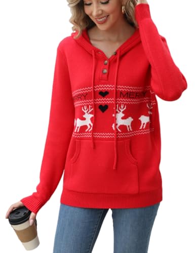 Image of CiCiBird Women Christmas Funny Ugly Hoodies Sweater Trendy Snowman Tops Holiday Pullover Long Sleeve Shirts Xmas4 Red M