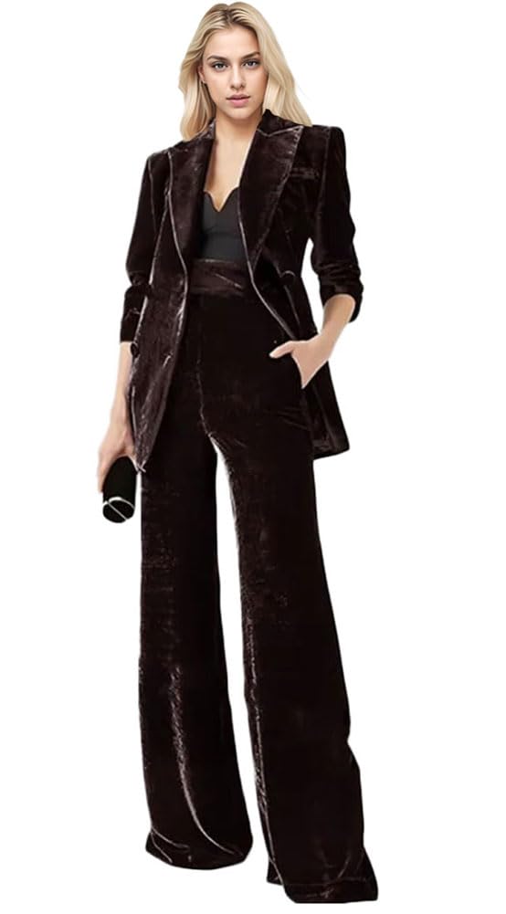 Botong Women's Velvet Blazer & Pants Business Suit Set, Coffee, Medium