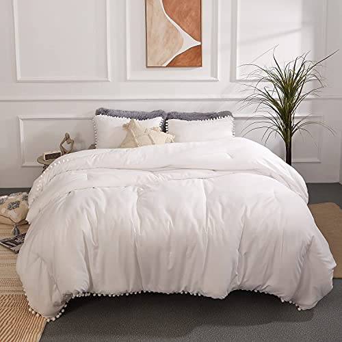 YIRDDEO Full Size Comforter Sets - Full Size Comforter with Ball Pom Fringe, Soft Bedding Set for All Seasons - 3 Pieces, 1 Comforter (79"x90") & 2 Pillow Shams(20"x26"), White