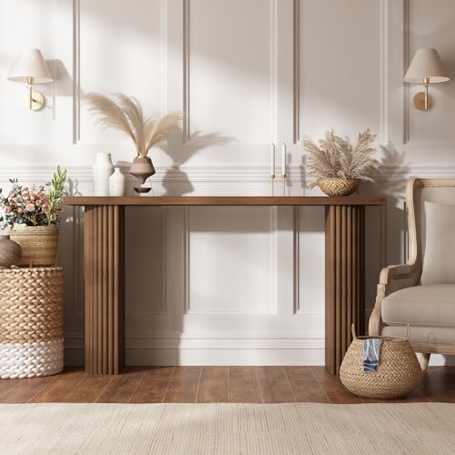 Image of Fluted Solid Wood Console Table - 55 Inches Mid Century Modern Foyer Table, Entryway Hallway Minimalist Sofa Table, Half Round Legs