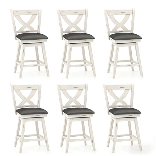 Image of Swivel Barstools Set of 6, 24 Inch Counter Height Kitchen Island Chairs with Back, Upholstered Seat Bar Stool with Solid Wood Legs & Footrest, Counter Stools for Pub, Bar, Restaurant (Antique White)
