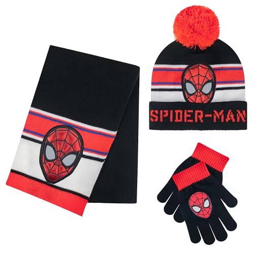 Marvel Spider-Man Kid’s Winter Hat Snow Gloves and Scarf for Boys and Toddlers 3 Pc Set Warm Pom-Pom Beanie with Accessories