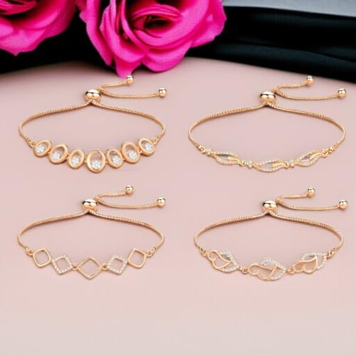 Image of Nilu's Collection Rose Gold Plated American Diamond Crystal Contemporary Bracelet Jewellery with Adjustable Pull-Chain Bracelet for Women & Girls