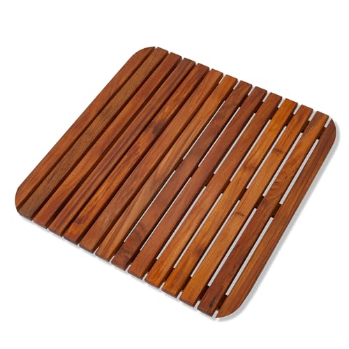 Nordic Style Teak Shower, Bath and Spa Mat | Indoor + Outdoor Use | Non-Slip Wood Platform | Spa, Sauna, Pool, Hot Tub | Luxury Decor (Oiled Finish, 19.6" x 19.6")