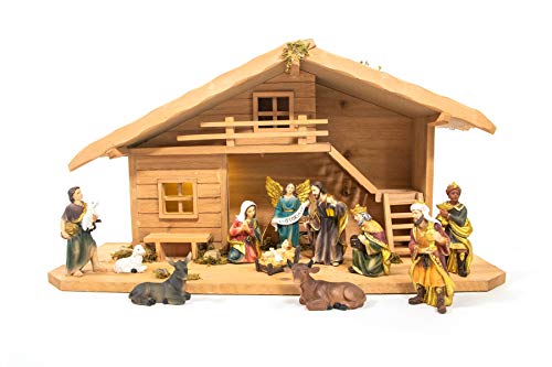 mgc24 Weihnachtskrippe Tischkrippe aus Holz, komplett mit 11 Krippenfiguren handbemalt,...