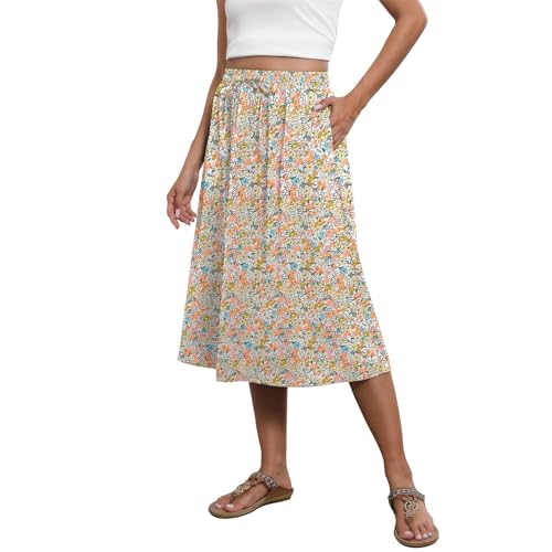 KIKX0DE Womens Summer Fashion Midi Skirts Elastic High Waist Floral Casual Knee Length Skirt with Pockets