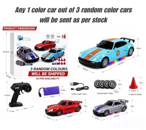 Image of RC Drift Car 4WD High-Speed Remote Control Car with LED Lights 2.4GHz Rechargeable Drift Racing Car with Extra Tires & Cones Toy for kids [Colors as Per Stock] (P-orsce RC Drift -Multicolor)