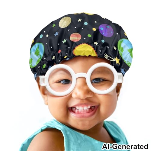 Image of Kids Satin Bonnet, Child Sleep Cap Galaxy Planet Pattern Sleeping Beanie Hat Adjustable Elastic Band for Haircare, Curly Natural Long Hair Cap for Toddler Baby Boys Girls