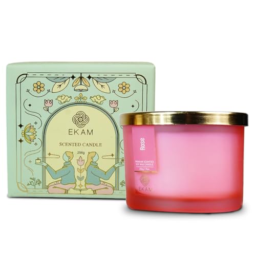 Image of EKAM 3 Wick Soy Wax Scented Candle | Rose Fragrance | 35 Hr Burn | Long Lasting Premium Jar Candle for Home Decor, Relaxation & Gifting