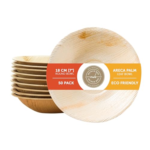 MUNCH BOX Disposable Bowls, 7” Round Areca Palm Leaf Bowl, Biodegradable & Compostable – Eco-Friendly Microwave Bowls Like Wooden, Bamboo Bowls for Party, Hot Food, Soups, and Events (50 Pack)