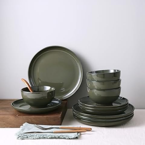Pokini Santorini Mist Terracotta Reactive Glaze Plates and Bowls Sets, Stoneware Dinnerware Sets, Microwave and Dishwasher Safe Ceramic Dish Set Service for 4, Blackish Green Cover