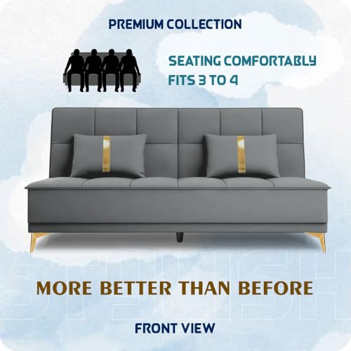 Image of Adorn India Premium New Alyssum 3 Seater Sofa Cum Bed 4X6 Velvet Suede with 2 Cushions (Color Grey) and Suitable for All Indoor, with 3 Years Warranty