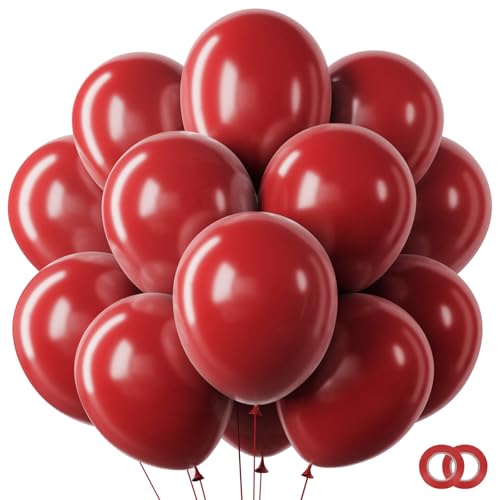 Image of RUBFAC Ruby Red Balloons 65pcs, 12 Inch Dark Red Burgundy Party Balloon with Ribbons for Birthday, Wedding, Baby Shower Decorations