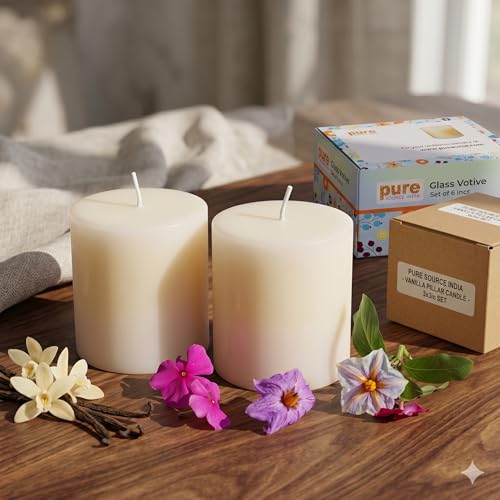 Image of Pure Source India Vanilla Scented Pillar Candle 3x3 inch Smokeless & Dripless Wax Candles for Home Decor and Light Festivals (Set of 2)