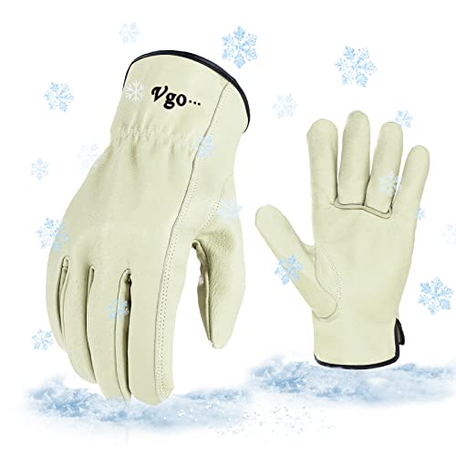 Vgo... 3 Pairs 32℉ Lined Pigskin Leather Work and Driver Gloves, For Heavy Duty, Truck Driving, Warehouse, Gardening, Farm (Size M, Cream, PA9501F)