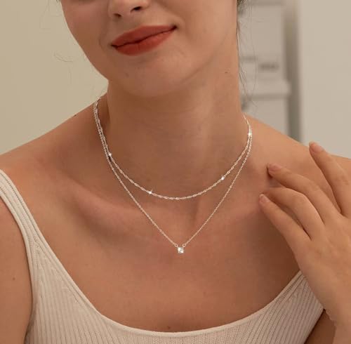 Tewiky Diamond Necklaces for Women, Dainty S925 Sterling Silver/ 14K Gold Choker Necklace Simple Silver CZ Jewelry Necklaces for Women Trendy Gifts2