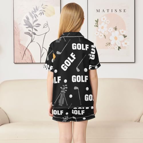 Satin Pajama Sets Short Sleeve Golf Equipment Pattern Print Button Down Silky Nightwear 2 Piece PJS 5-14Y4