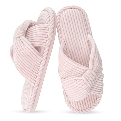 Image of IPSAE House Slippers for Woman Memory Foam Open Toe Slippers Corduroy Cross Bow Womens Slipper Slides Comfy Indoor Bedroom Slip On Shoes