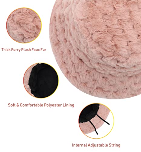 Image of Bucket Hat Women Furry Fuzzy Bucket Hats for Ladies, Winter Warm Fluffy Plush Faux Fur Hat for Women