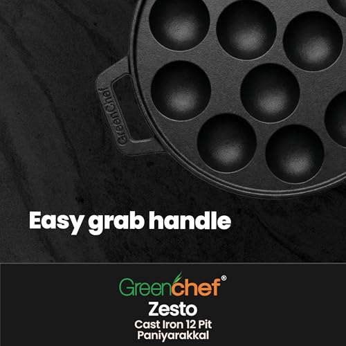 Image of GREENCHEF Pre-Seasoned Cast Iron Zesto Paniyarkkal 12 Pits 20 cm with Nonstick Coating