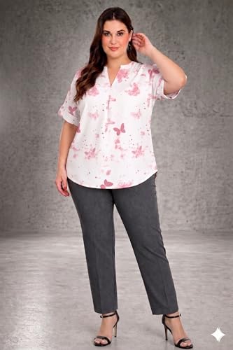 Image of SINDOORI Relaxed Fit Tops for Women Plus Size Solid Printed Mandarin Collar, Band Collar, V-Neck Top, Half Sleeve Loose Fit