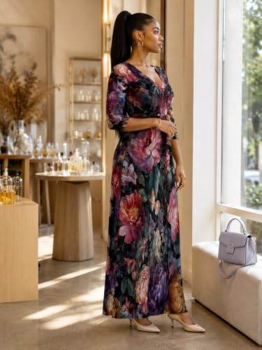 Image of SUZONANA Plus Size Dresses for Women Floral Print Maxi Dress Flowy 3 /4 Sleeve with Belt