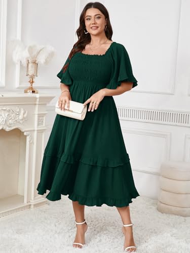 Image of SCOMCHIC Women's Plus Size Maxi Dresses Summer Short Sleeve Square Neck Smocked Wedding Guest Cocktail Boho Long Dress