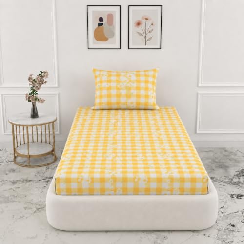 Image of VOMZER Single Size (36x72) 300 TC Soft Cotton Feel Microfiber All Around Elastic Fitted Single Bedsheet with 1 Pillow Cover | Yellow Check