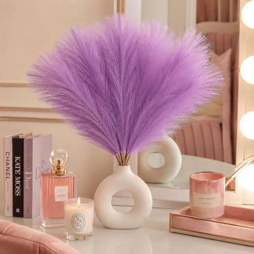 Image of Artificial Pampas Grass Set of 3 for Home Decor,Fluffy Dried Flower Stems for Vase Decoration, Boho Table Centerpiece, Artificial Flowers for Living Room Bedroom Office Decor (Purple)