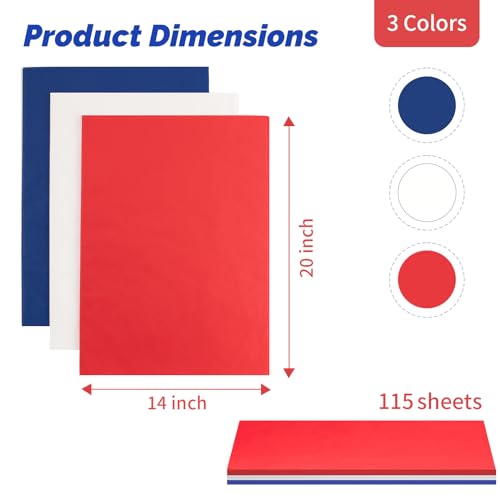 Image of Simetufy 115 Sheets Red White & Blue Tissue Paper for Flag Day Gift Bags | 14x20 Wrapping Tissue Paper Bulk for Gift Bags Packaging, Patriotic or Independence Day, Birthday, DIY Crafts