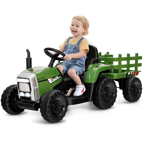 OLAKIDS 12V Kids Ride On Tractor, 2 in 1 Electric Vehicle with Remote Control, Detachable Trailer, Toddlers Battery Powered Driving Toy with 2 Speeds, Music, USB, Bluetooth, Lights (Greyish-Green)