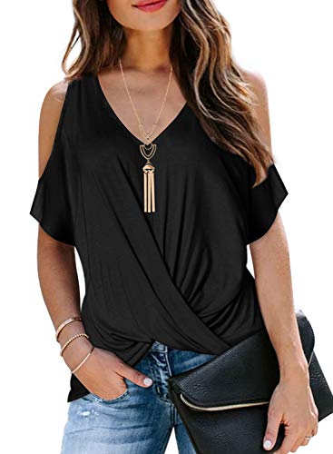 LEIYEE Womens Summer Cold Shoulder Tops Short Sleeve Front Twist Knot V Neck T Shirts Draped Blouses