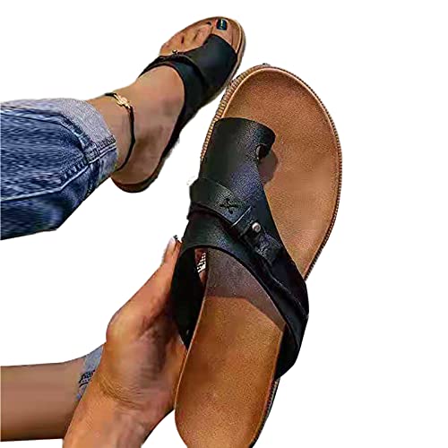 Sytaun Damen Flache Sandale, Damen Sandale, Flache Weiche Sohle Kunstleder rutschfest Slip-on Offene Spitze Sommer Flip Flops Für Den Alltag Schwarz 40 Cover