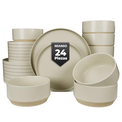 MIAMIO – Juegos de Vajilla para 8 Personas/Juego de Vajilla de Gres de 24 Piezas en Beige/Lavavajillas y Apto para Microondas - Colección Sierra (Claro, Vajilla (24x))