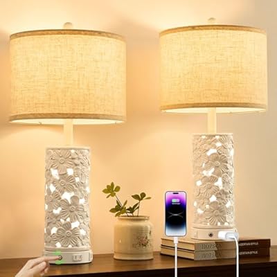 SAIWEYA 25.5" Modern Ceramic Table Lamp Set of 2 - Bedroom Nightstand Lamp for Living Room, White Bedside Lamp Farmhouse Night Stand Light Lamp for Study Room Office (Ceramic-2 Pack)