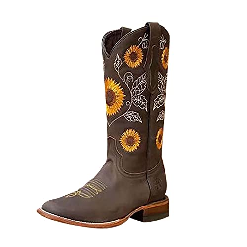 Combat Boots for Women Sunflowers Embroidery Mid-Calf Pull-Up Vintage Boots Chunky Heel Western Cowboy Boots