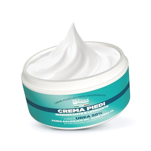 Reposa - Nueva Versión Crema Pies Secos y Agrietados, Callos y Durezas, Crema Urea Regeneradora Alisante, Ácido Salicílico y Aloe Vera, Hidratación Talones y Pieles Deshidratadas - Made in Italy 150ml