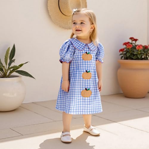 Toddler Baby Girls Dress Letter Apple Embroidery Plaid Doll Collar Short Sleeve Casual Dress Kid Summer Clothes 1-7Y2