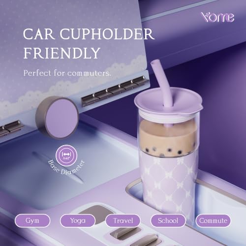 Image of YOME 20oz Purple Bow Insulated Glass Tumbler with Lid & Straw for Women Gift| Stainless Steel Iced Coffee Cup | Keep Drinks Cold |Cupholder Friendly |Ideal for Iced Coffee, Smoothies & Boba