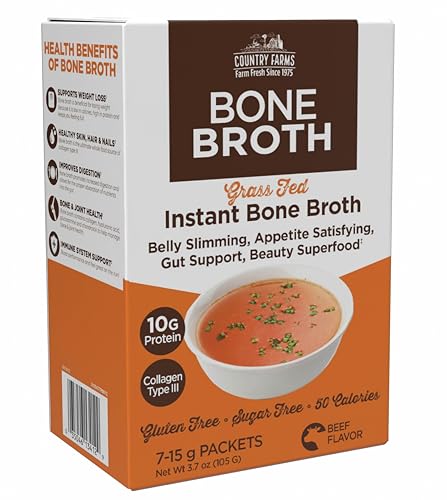 Country Farms Skinny Broth Instant Beef Bone Broth 10G Protein Collagen Type III Promotes Better Digestion Bone Health 7 Day Plan 7-15g Packets